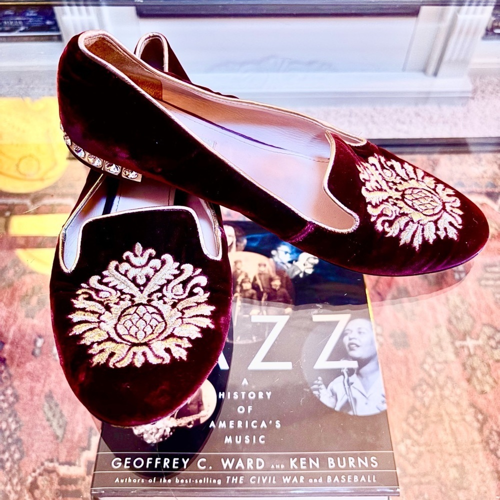 Miu Miu x Prada 👑✨ Vintage Burgundy Velvet Crest Smoking Slippers